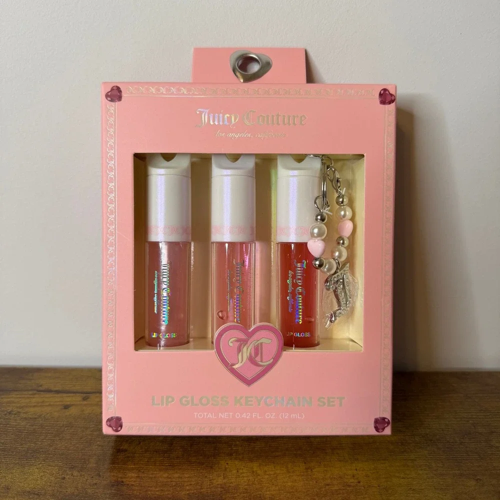 New Juicy Couture 3 Pck Lip Gloss Set Charm Makeup Hydrating Cosmetic Keychain